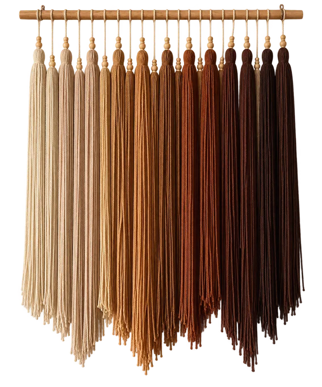 A macramé curtain of tasselled cords on a wooden dowel, graded from cream through tan to deep brown