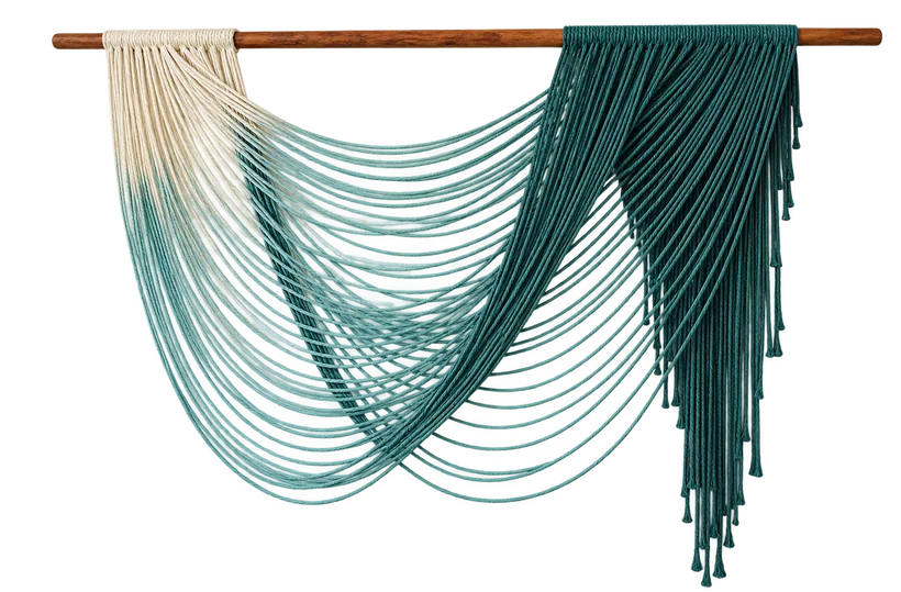 A draped macramé wall hanging in cream and deep teal, hung from a wooden dowel