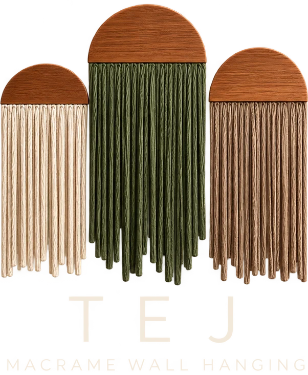 Tej Macramé Wall Hanging: three knotted wall hangings on wooden arches above the Tej wordmark