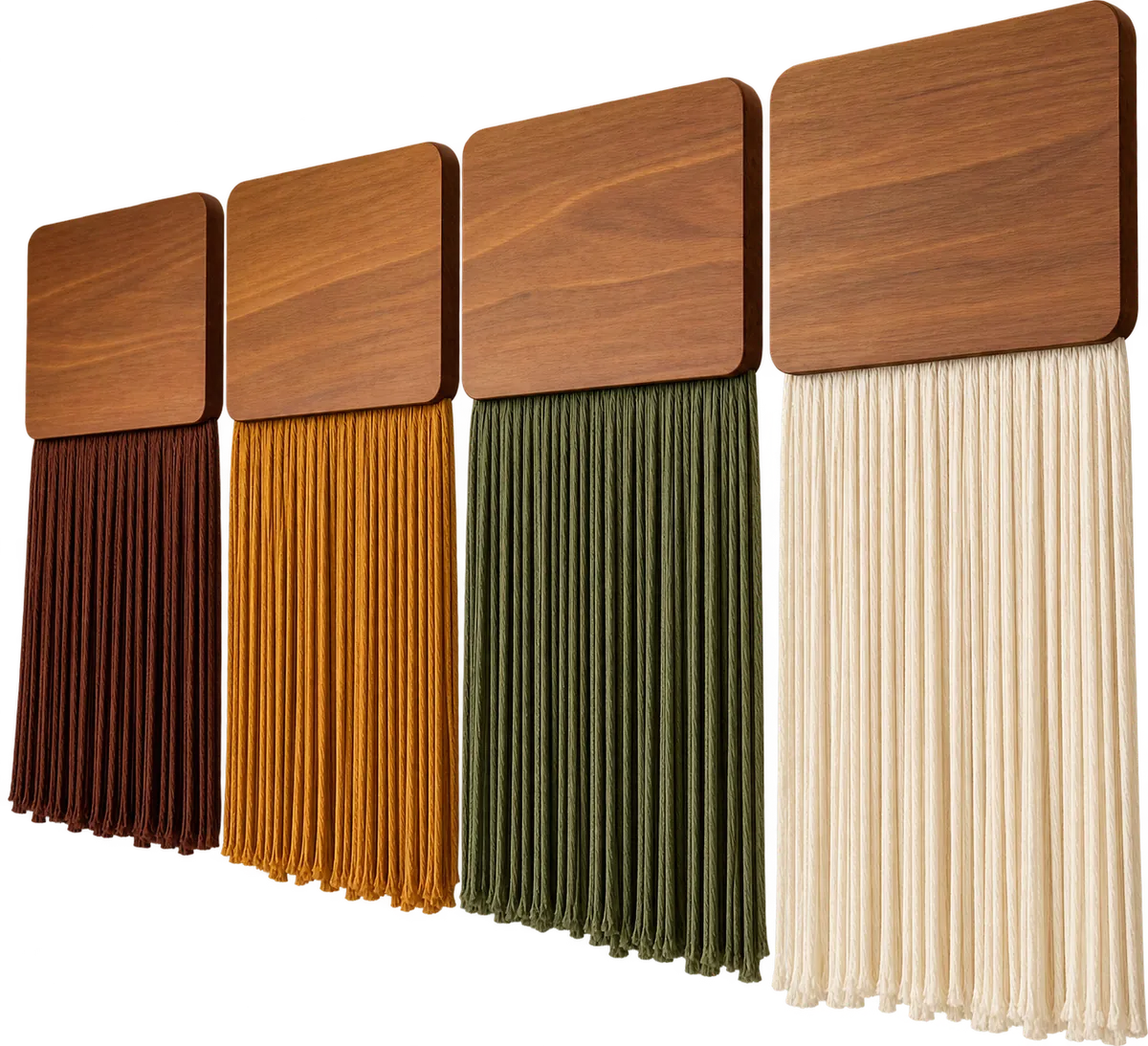 Four macramé panels on wooden boards, hung side by side in deep brown, ochre, olive and cream yarn
